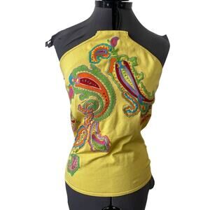 Ralph Lauren Black Label Yellow Silk Blend Paisley Halter Top • Size L